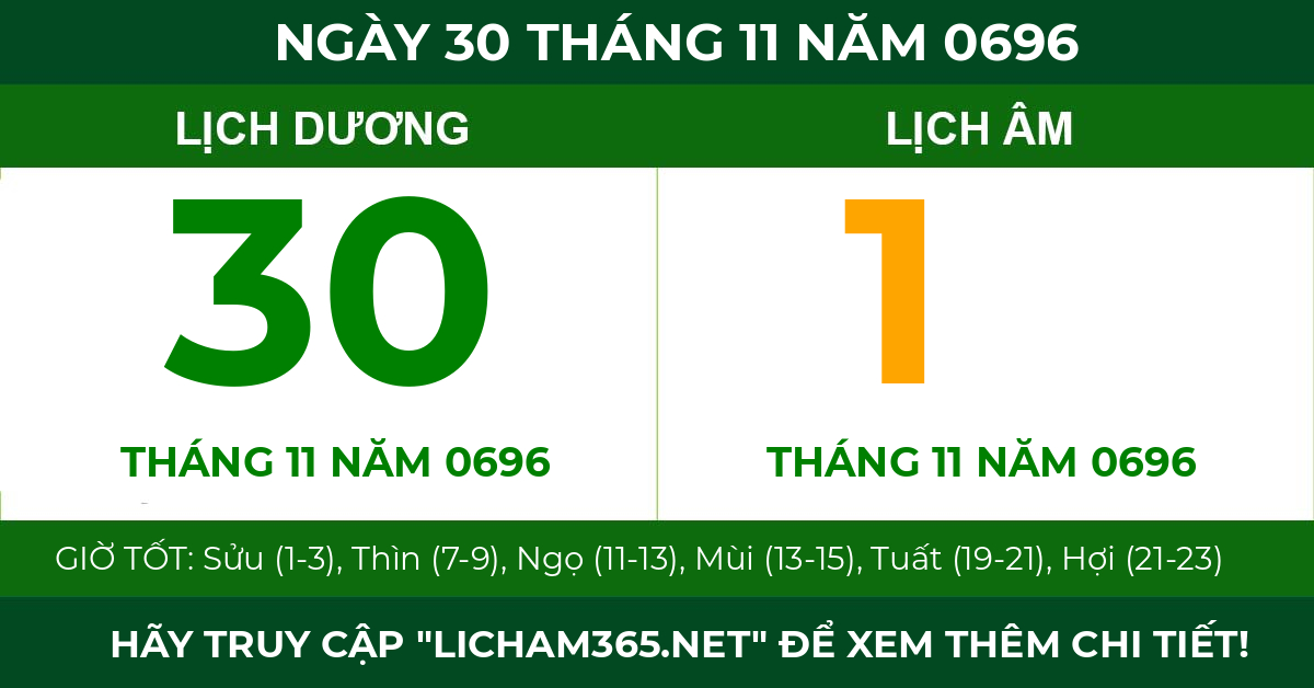 lịch âm ngày 30 tháng 11 năm 0696
