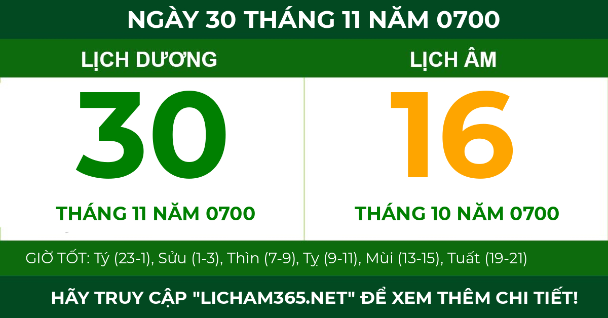 lịch âm ngày 30 tháng 11 năm 0700