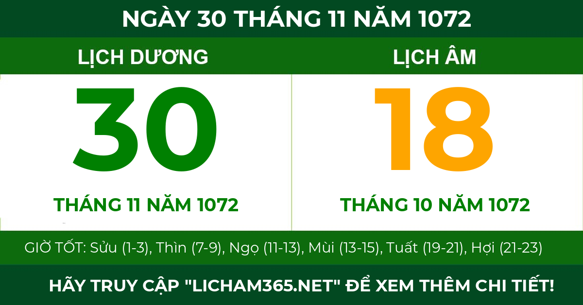 lịch âm ngày 30 tháng 11 năm 1072