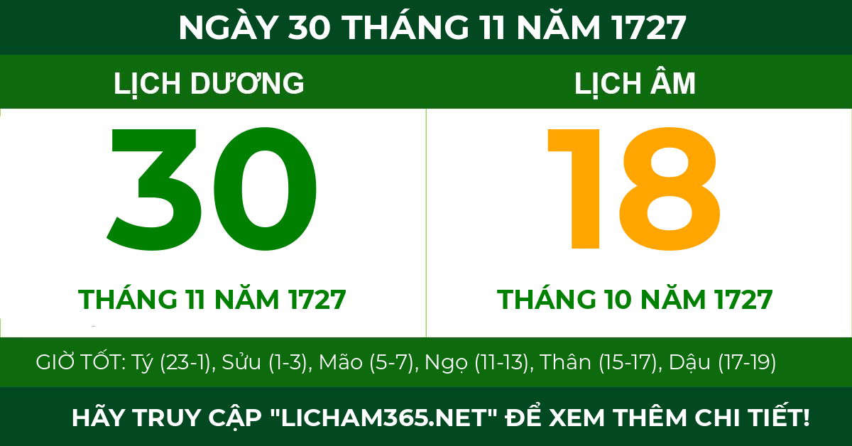 lịch âm ngày 30 tháng 11 năm 1727