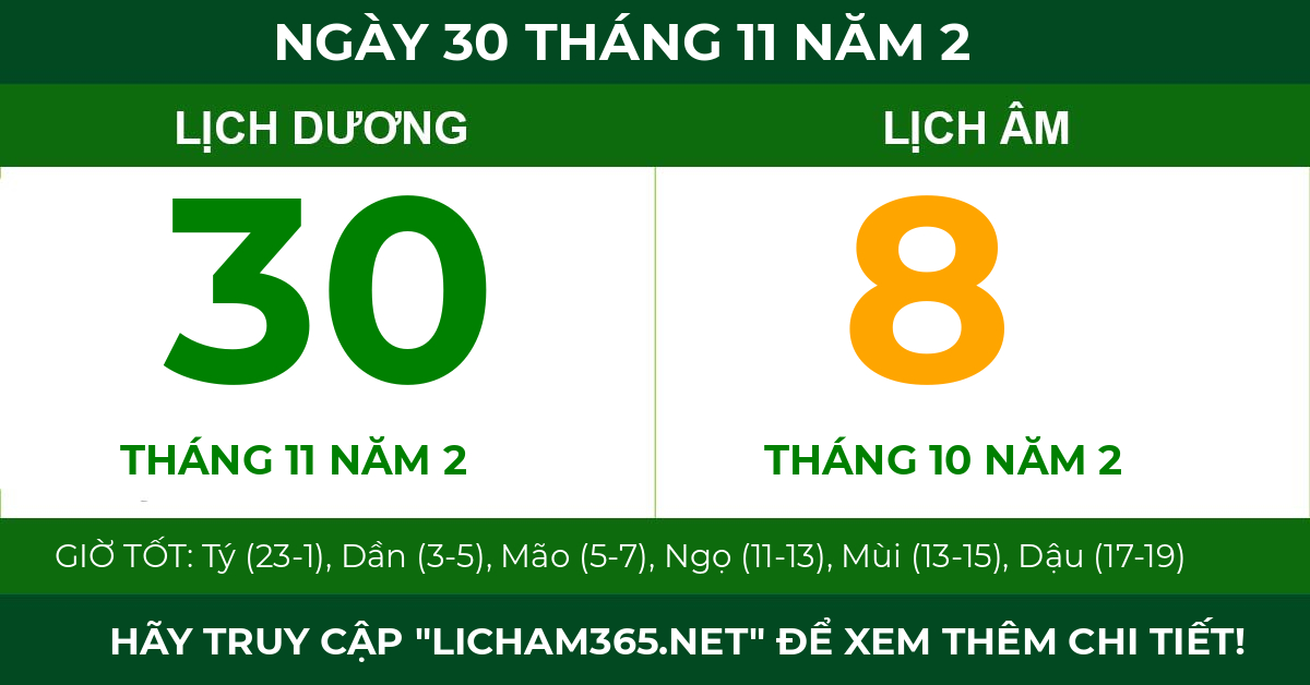 lịch âm ngày 30 tháng 11 năm 2
