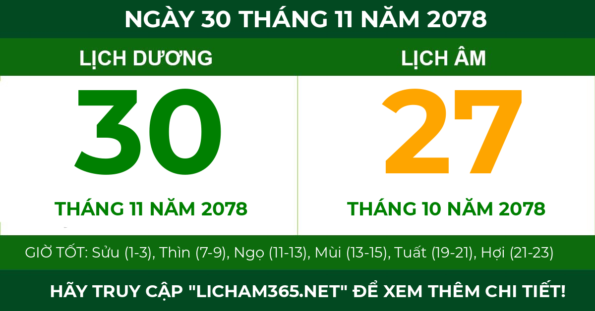 lịch âm ngày 30 tháng 11 năm 2078