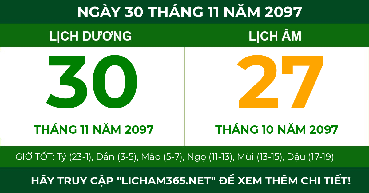 lịch âm ngày 30 tháng 11 năm 2097
