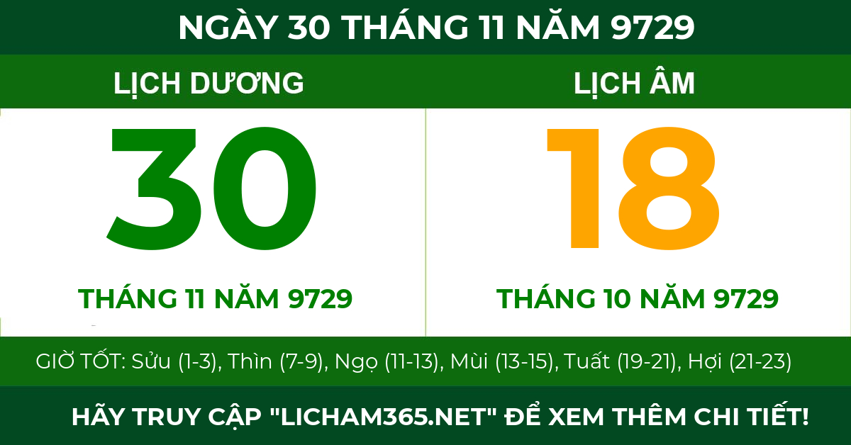 lịch âm ngày 30 tháng 11 năm 9729
