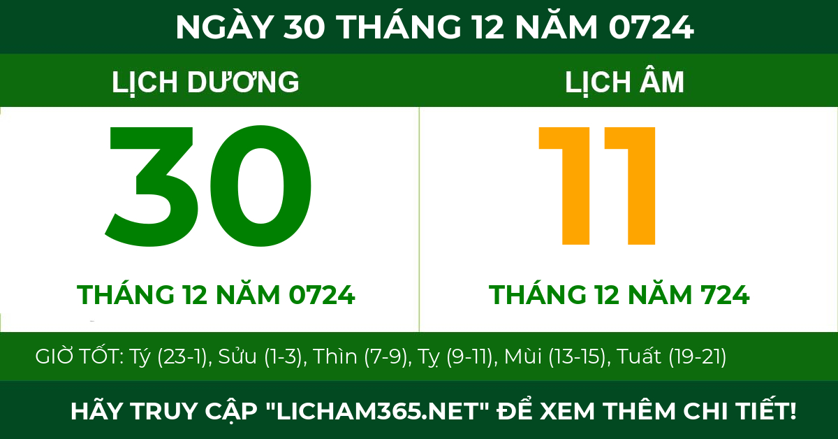 lịch âm ngày 30 tháng 12 năm 0724