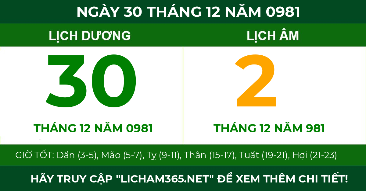 lịch âm ngày 30 tháng 12 năm 0981