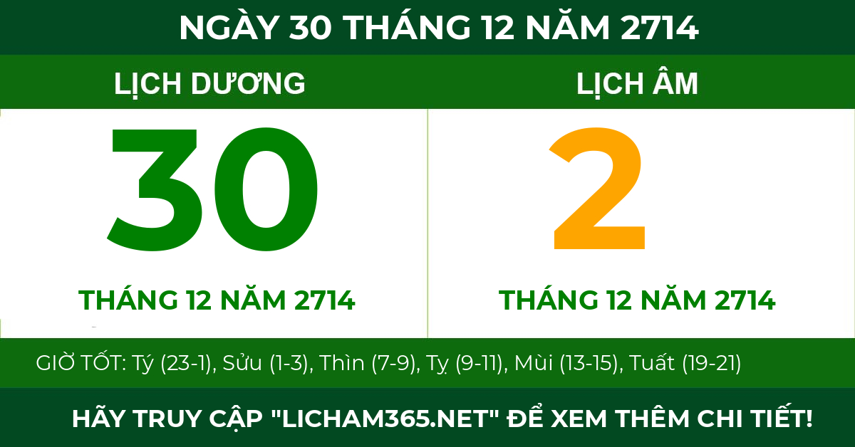 lịch âm ngày 30 tháng 12 năm 2714