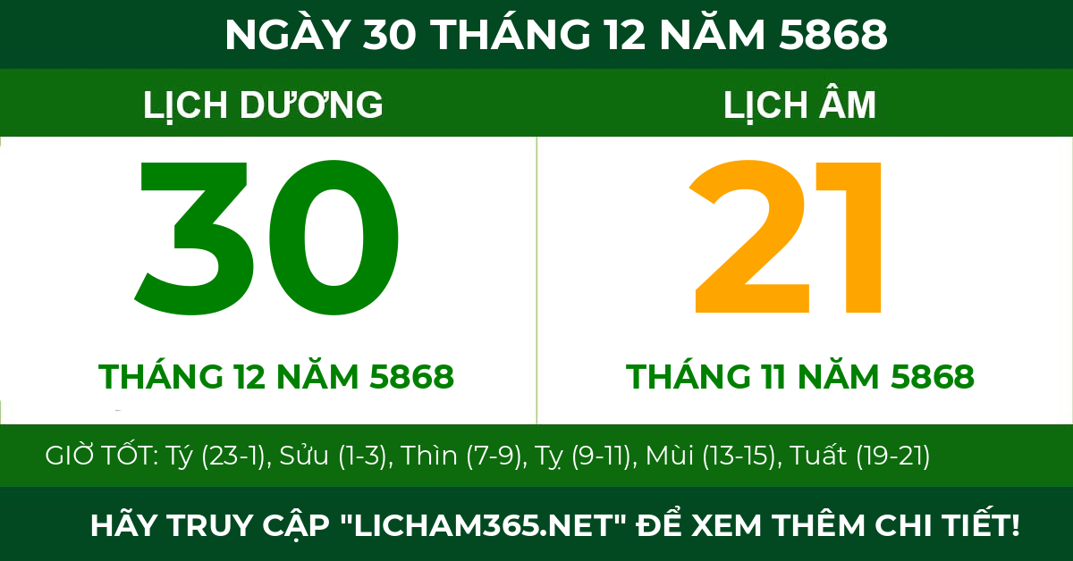 lịch âm ngày 30 tháng 12 năm 5868