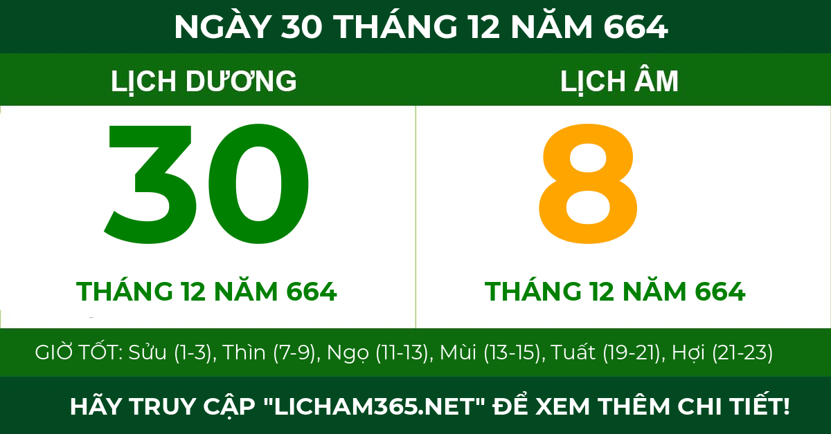 lịch âm ngày 30 tháng 12 năm 664