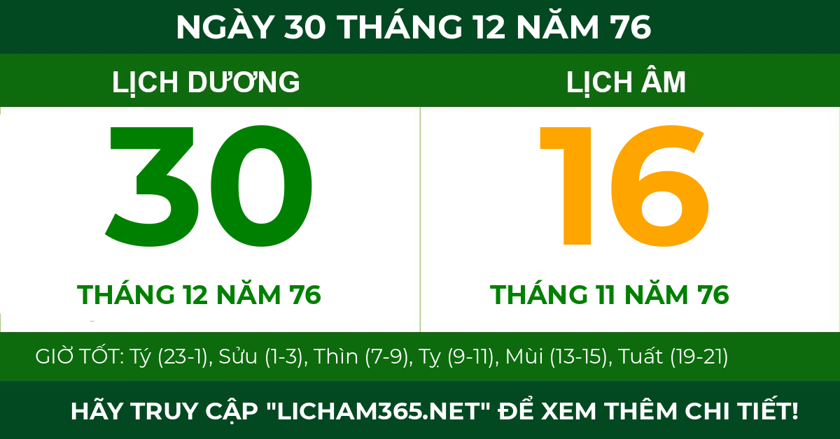 lịch âm ngày 30 tháng 12 năm 76