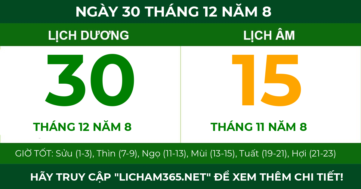 lịch âm ngày 30 tháng 12 năm 8