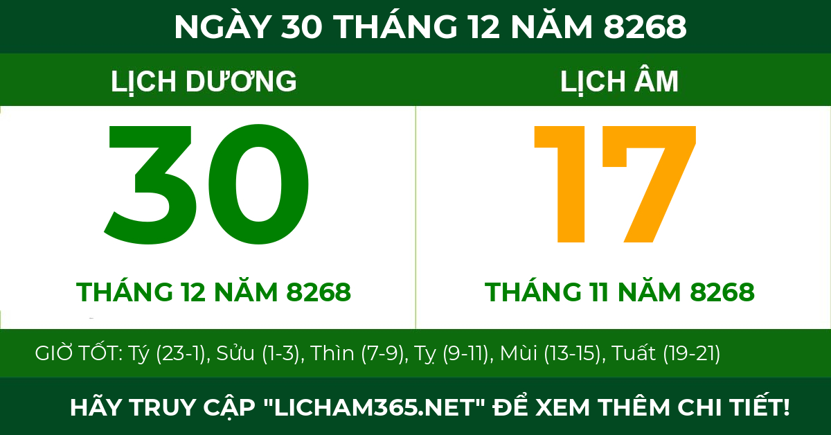 lịch âm ngày 30 tháng 12 năm 8268