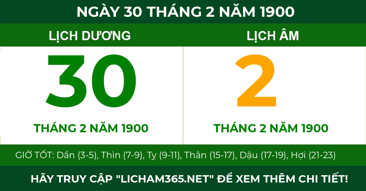 lịch âm ngày 30 tháng 2 năm 1900