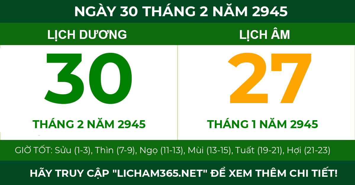 lịch âm ngày 30 tháng 2 năm 2945