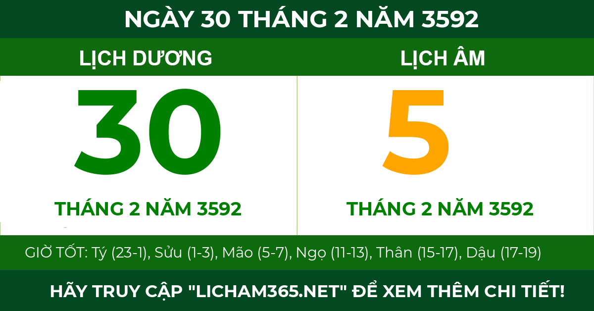 lịch âm ngày 30 tháng 2 năm 3592