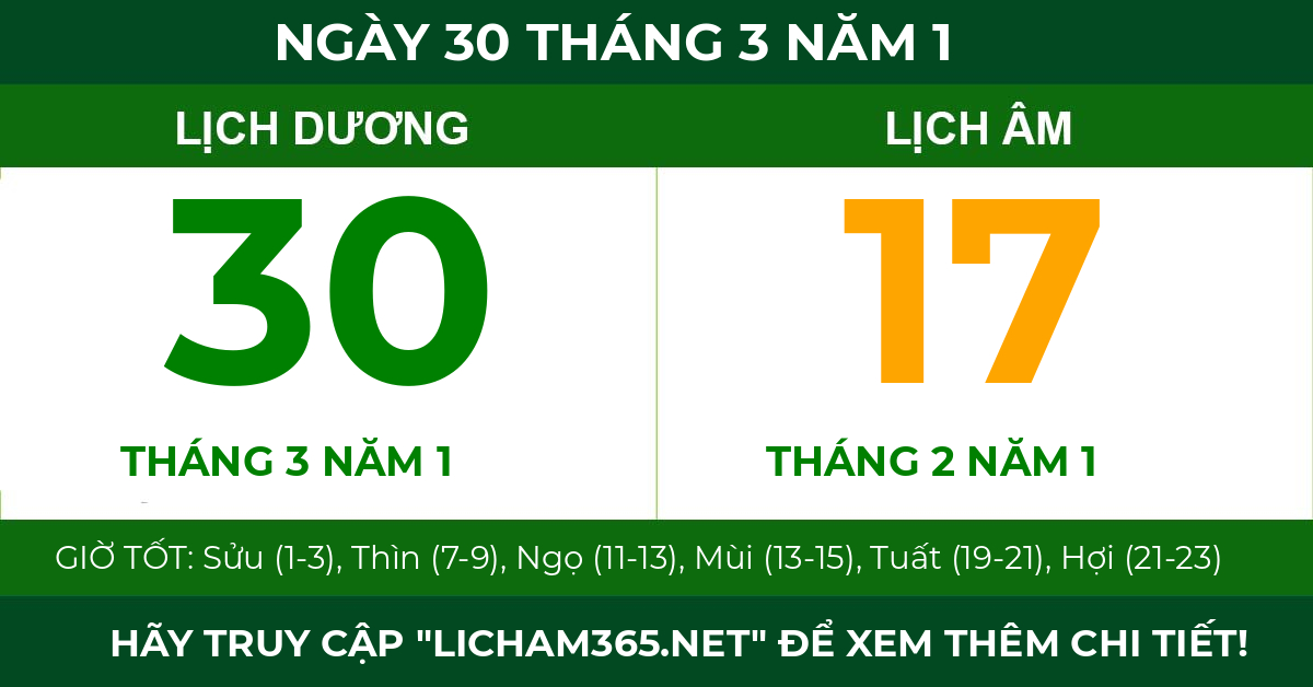 lịch âm ngày 30 tháng 3 năm 1