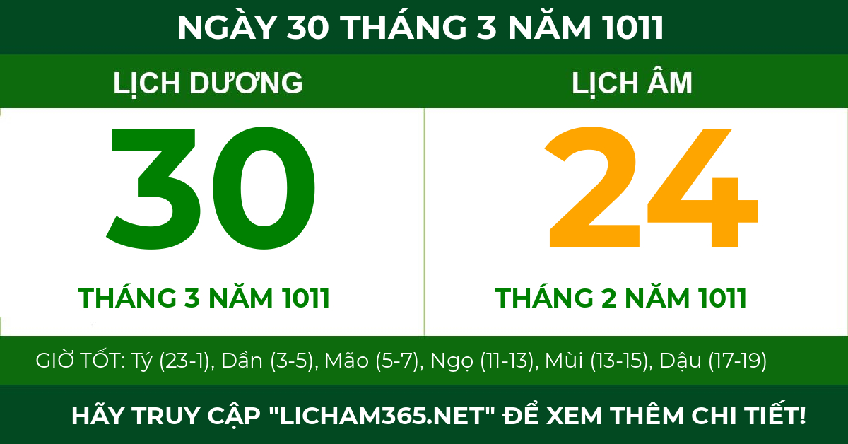 lịch âm ngày 30 tháng 3 năm 1011
