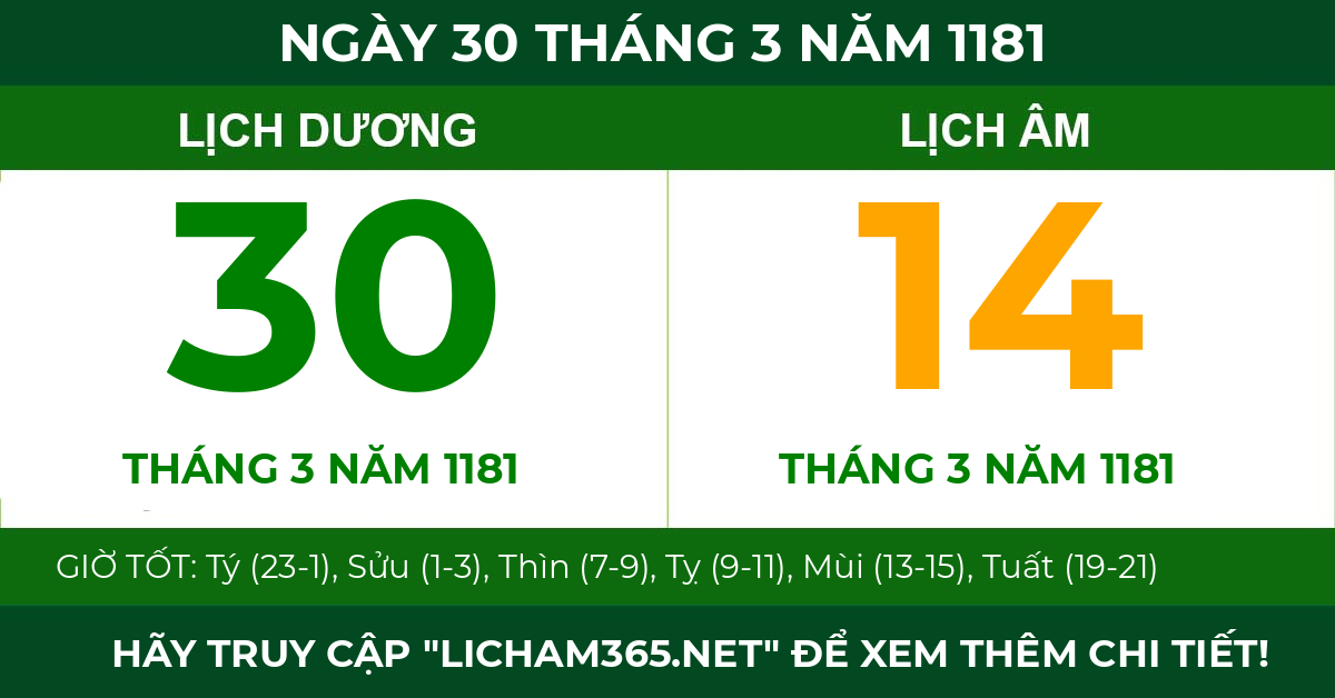lịch âm ngày 30 tháng 3 năm 1181