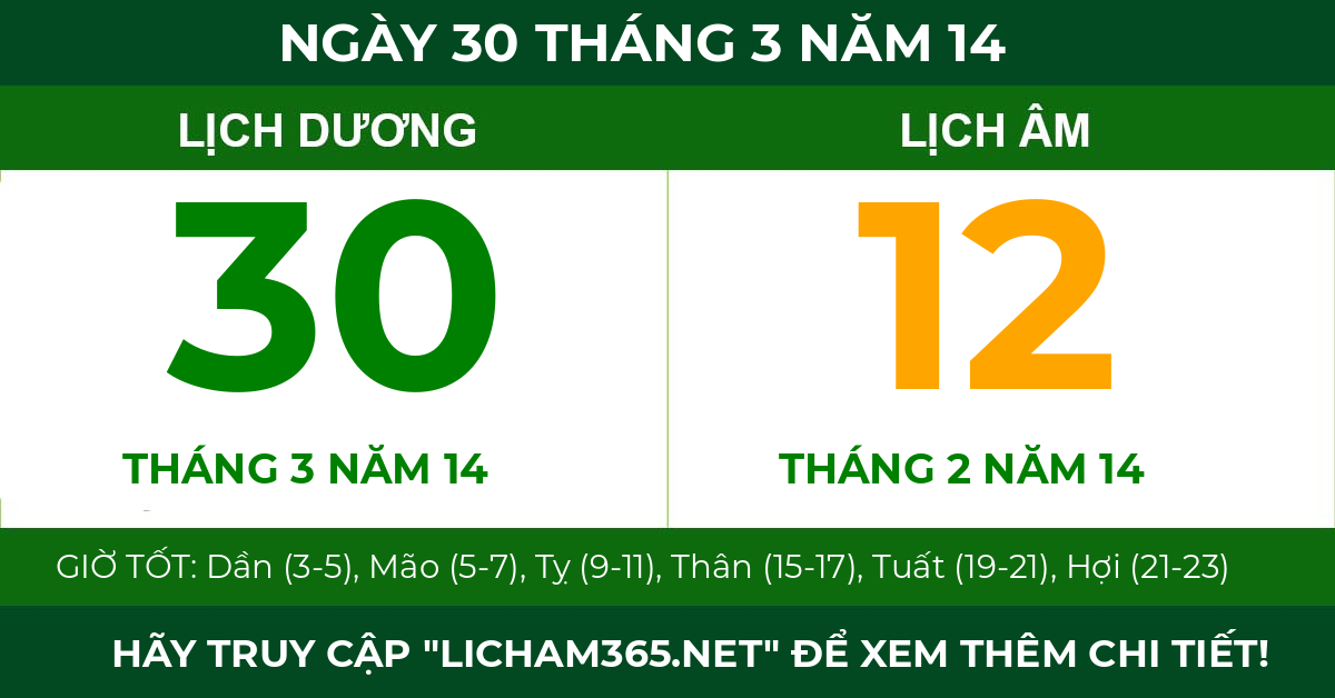lịch âm ngày 30 tháng 3 năm 14