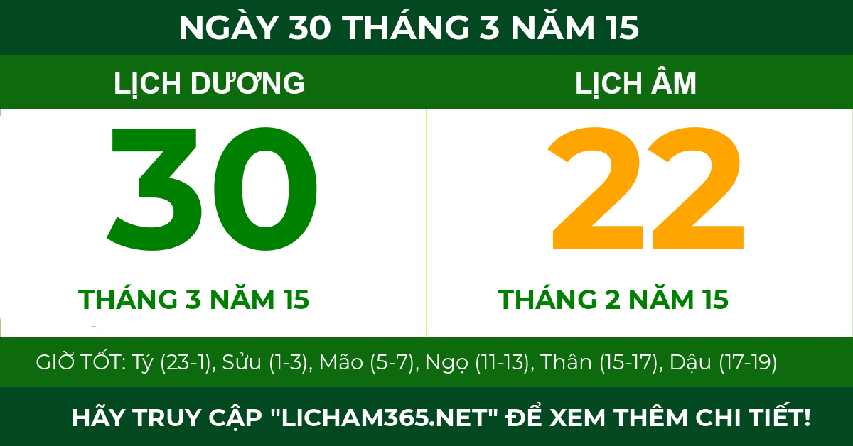 lịch âm ngày 30 tháng 3 năm 15
