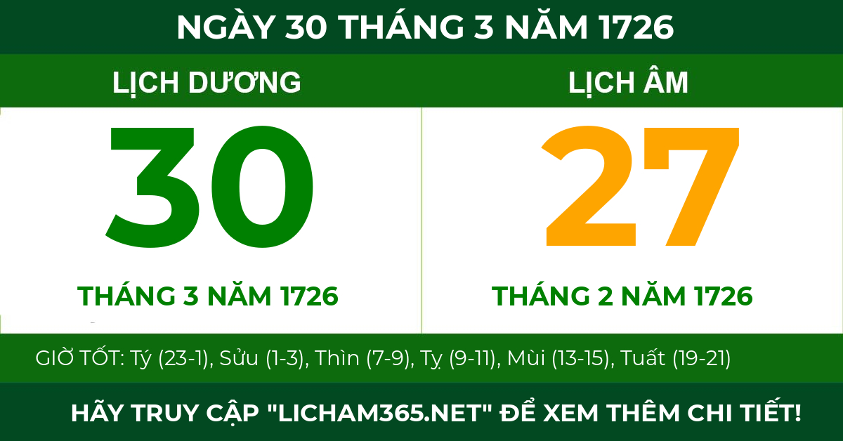 lịch âm ngày 30 tháng 3 năm 1726