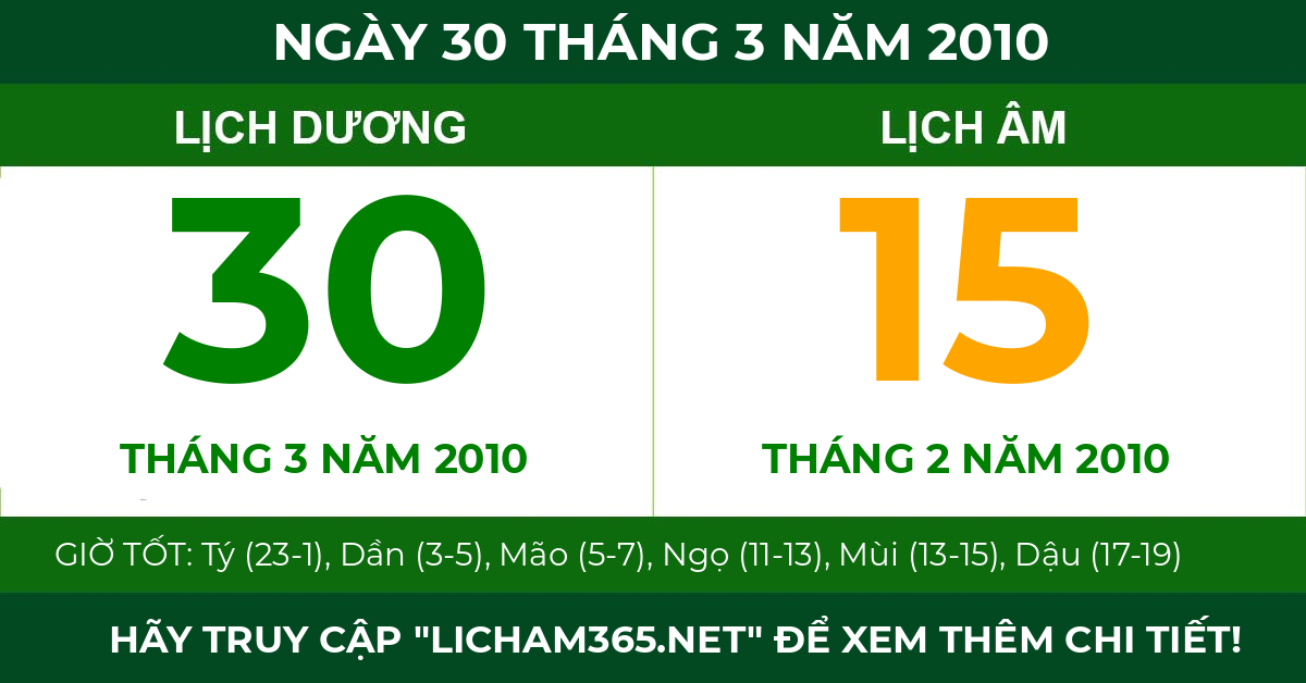 lịch âm ngày 30 tháng 3 năm 2010