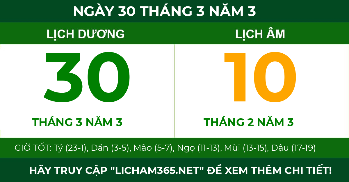 lịch âm ngày 30 tháng 3 năm 3