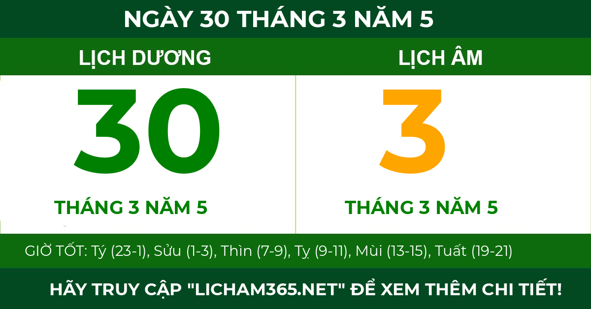 lịch âm ngày 30 tháng 3 năm 5