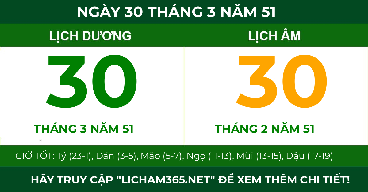 lịch âm ngày 30 tháng 3 năm 51