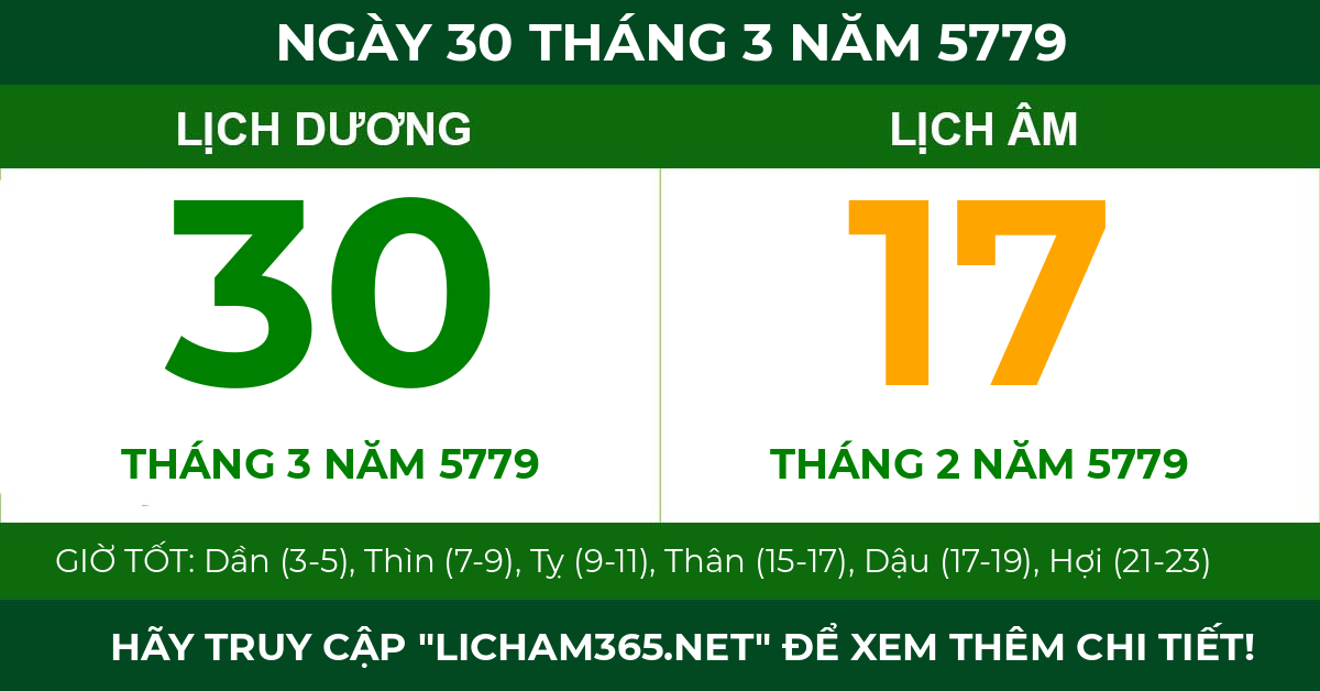 lịch âm ngày 30 tháng 3 năm 5779