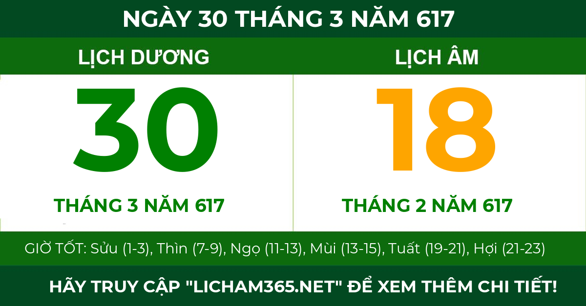 lịch âm ngày 30 tháng 3 năm 617