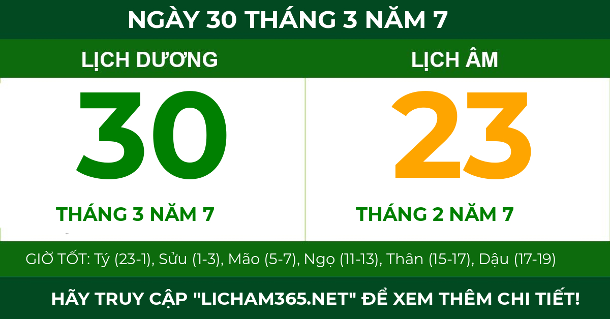 lịch âm ngày 30 tháng 3 năm 7