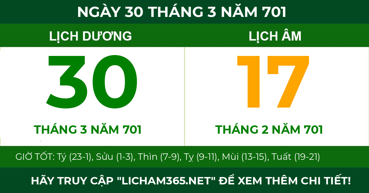lịch âm ngày 30 tháng 3 năm 701
