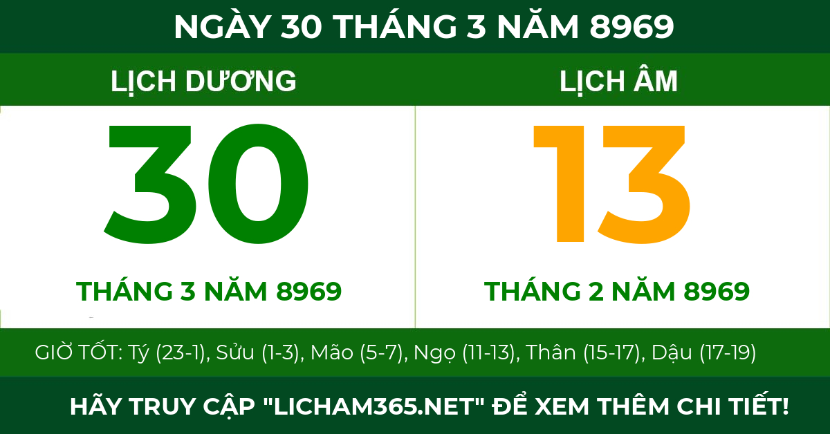 lịch âm ngày 30 tháng 3 năm 8969