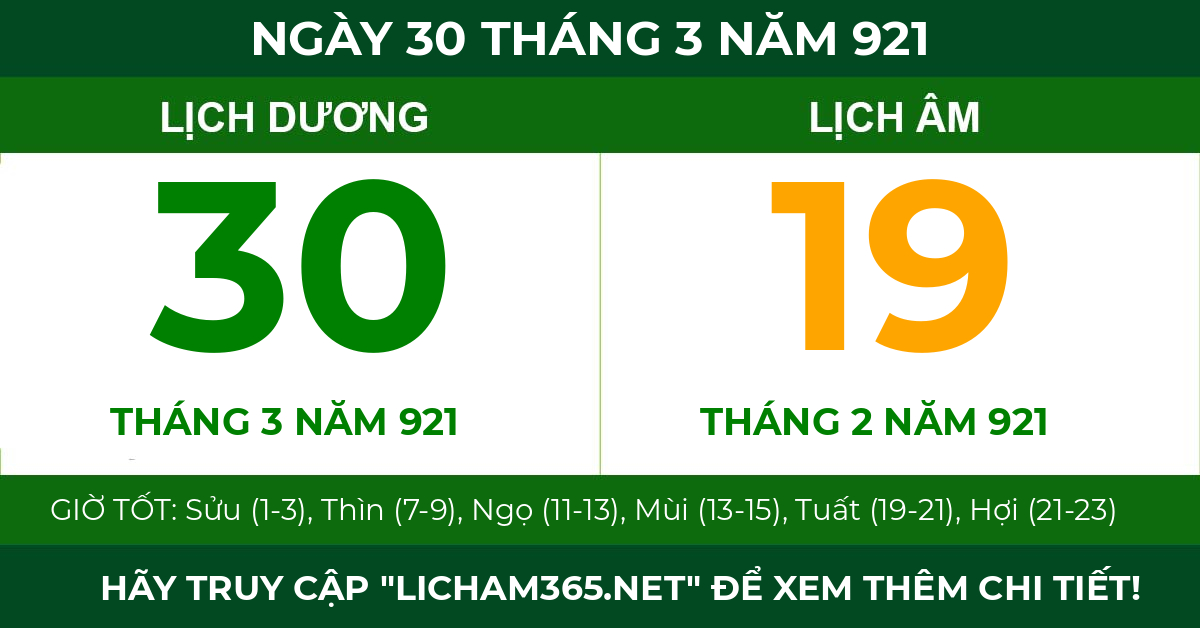 lịch âm ngày 30 tháng 3 năm 921