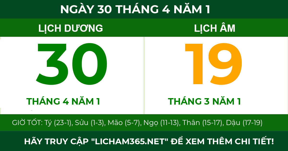 lịch âm ngày 30 tháng 4 năm 1
