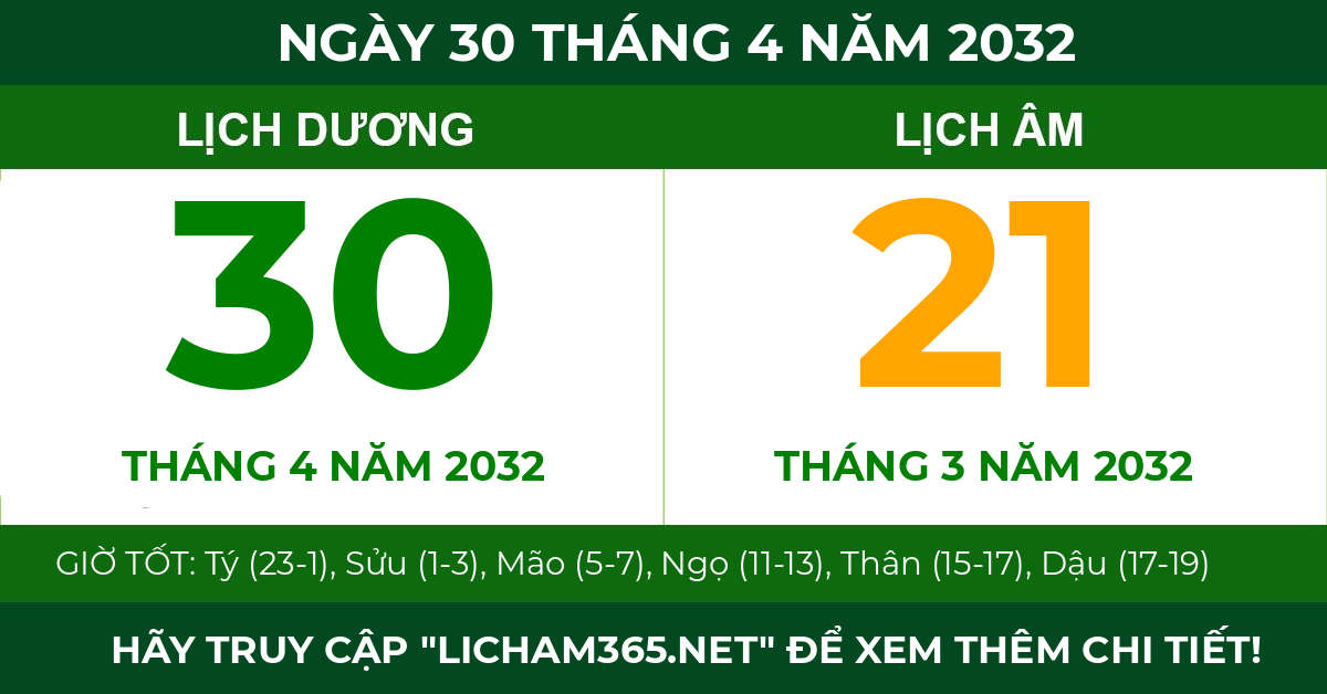 lịch âm ngày 30 tháng 4 năm 2032