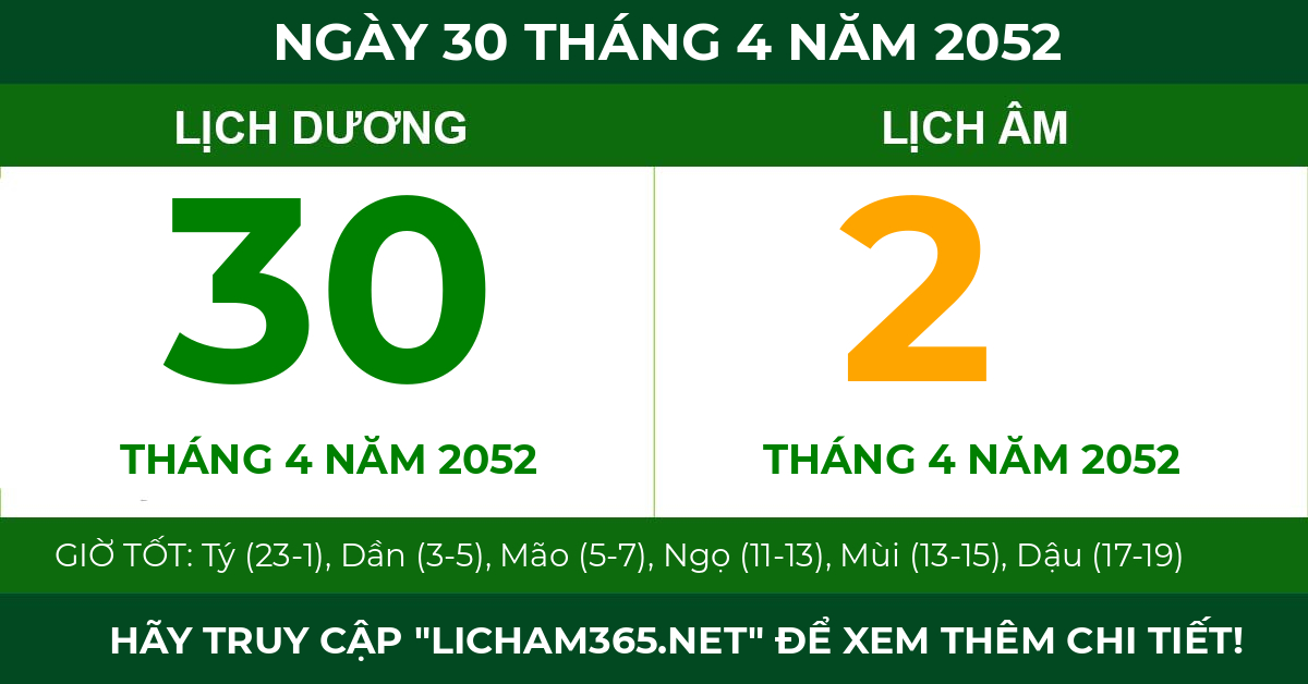 lịch âm ngày 30 tháng 4 năm 2052