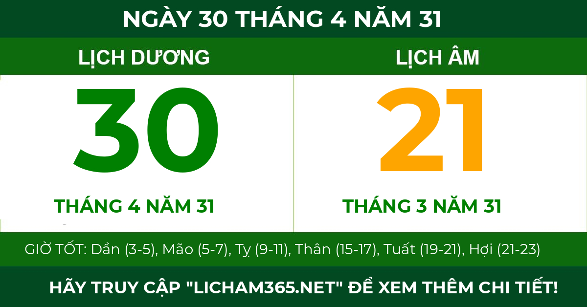 lịch âm ngày 30 tháng 4 năm 31