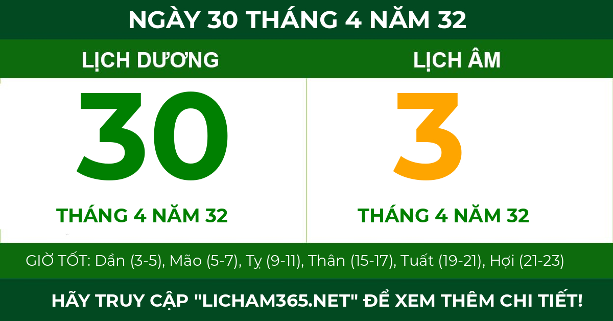 lịch âm ngày 30 tháng 4 năm 32