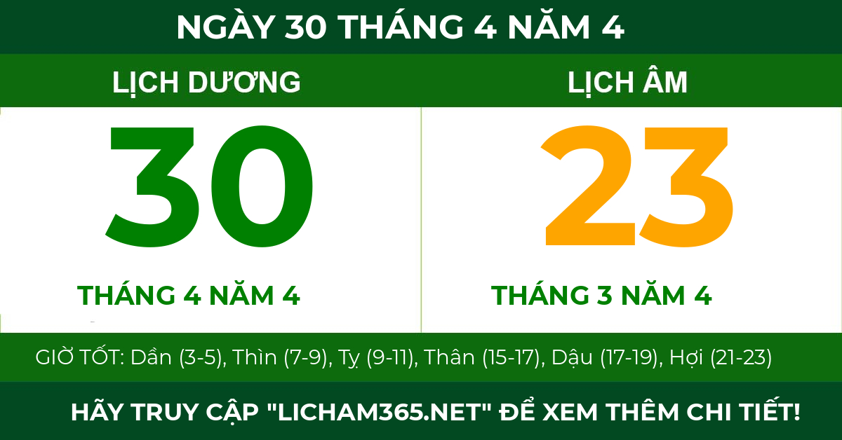 lịch âm ngày 30 tháng 4 năm 4