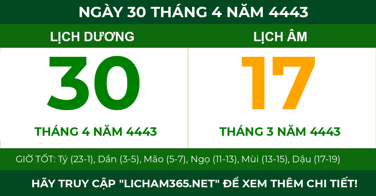 lịch âm ngày 30 tháng 4 năm 4443