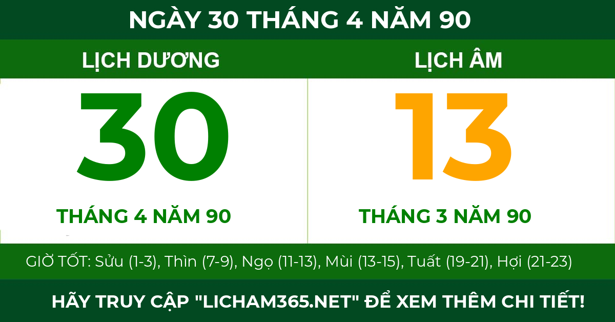 lịch âm ngày 30 tháng 4 năm 90