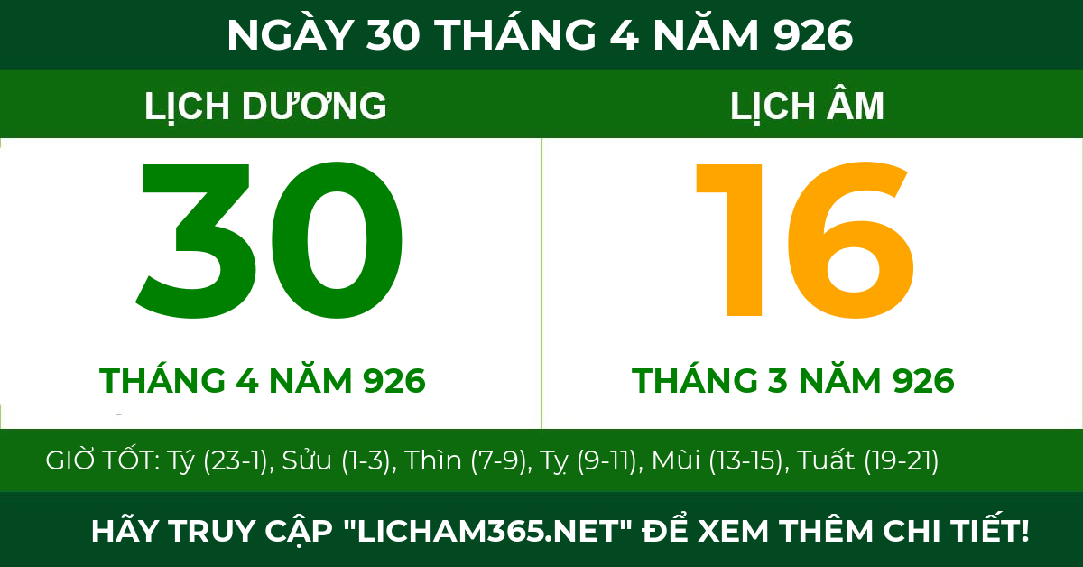 lịch âm ngày 30 tháng 4 năm 926