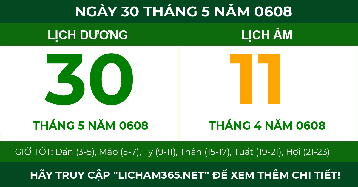 lịch âm ngày 30 tháng 5 năm 0608