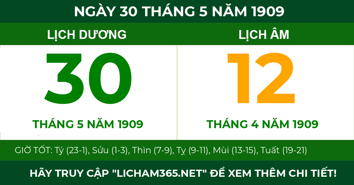lịch âm ngày 30 tháng 5 năm 1909