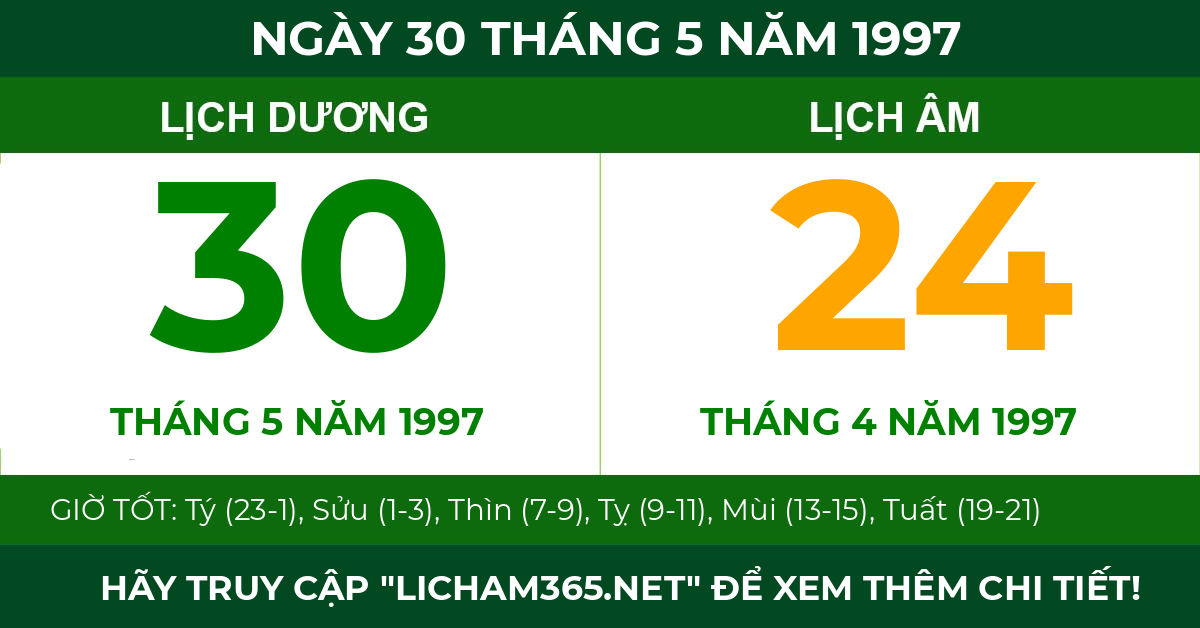 lịch âm ngày 30 tháng 5 năm 1997