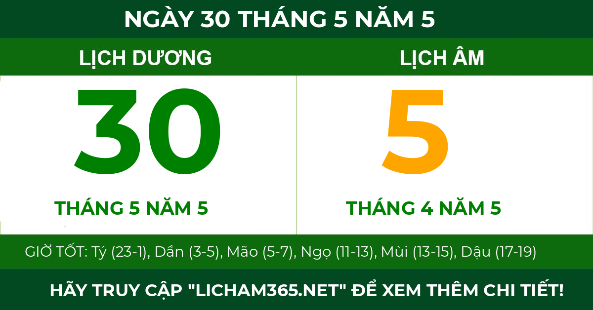 lịch âm ngày 30 tháng 5 năm 5