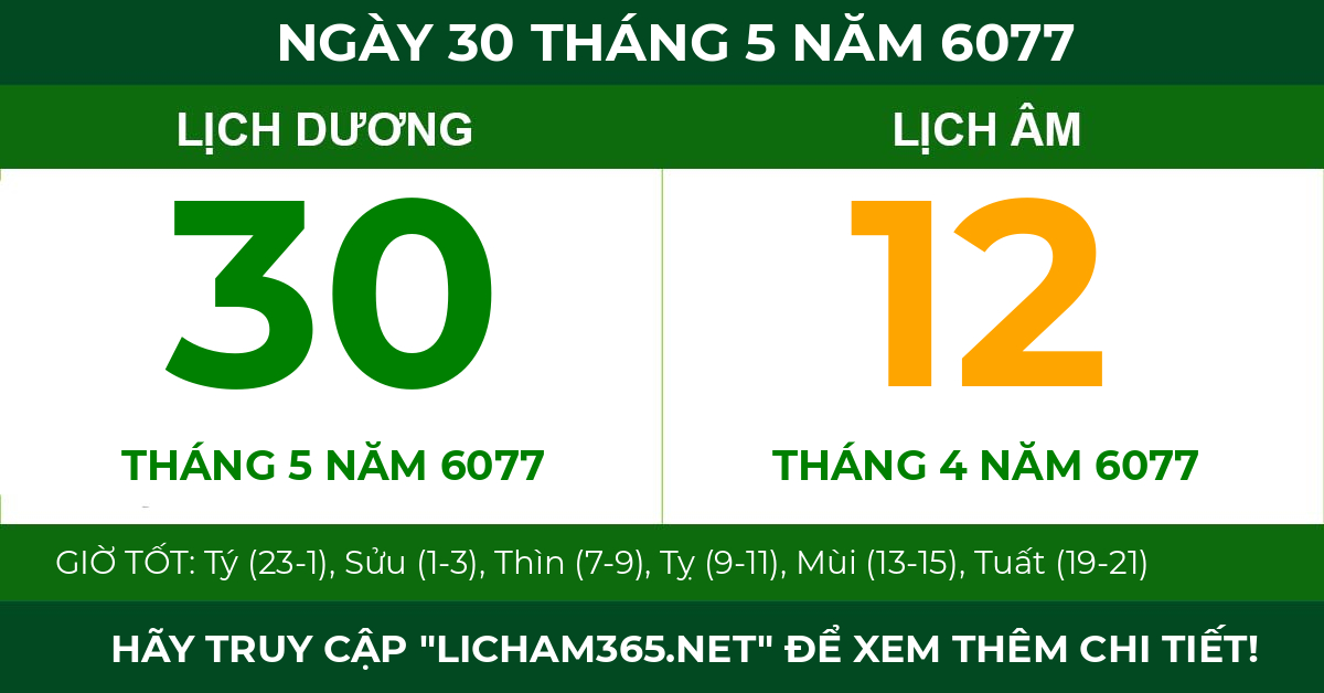 lịch âm ngày 30 tháng 5 năm 6077