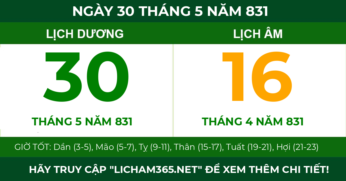 lịch âm ngày 30 tháng 5 năm 831